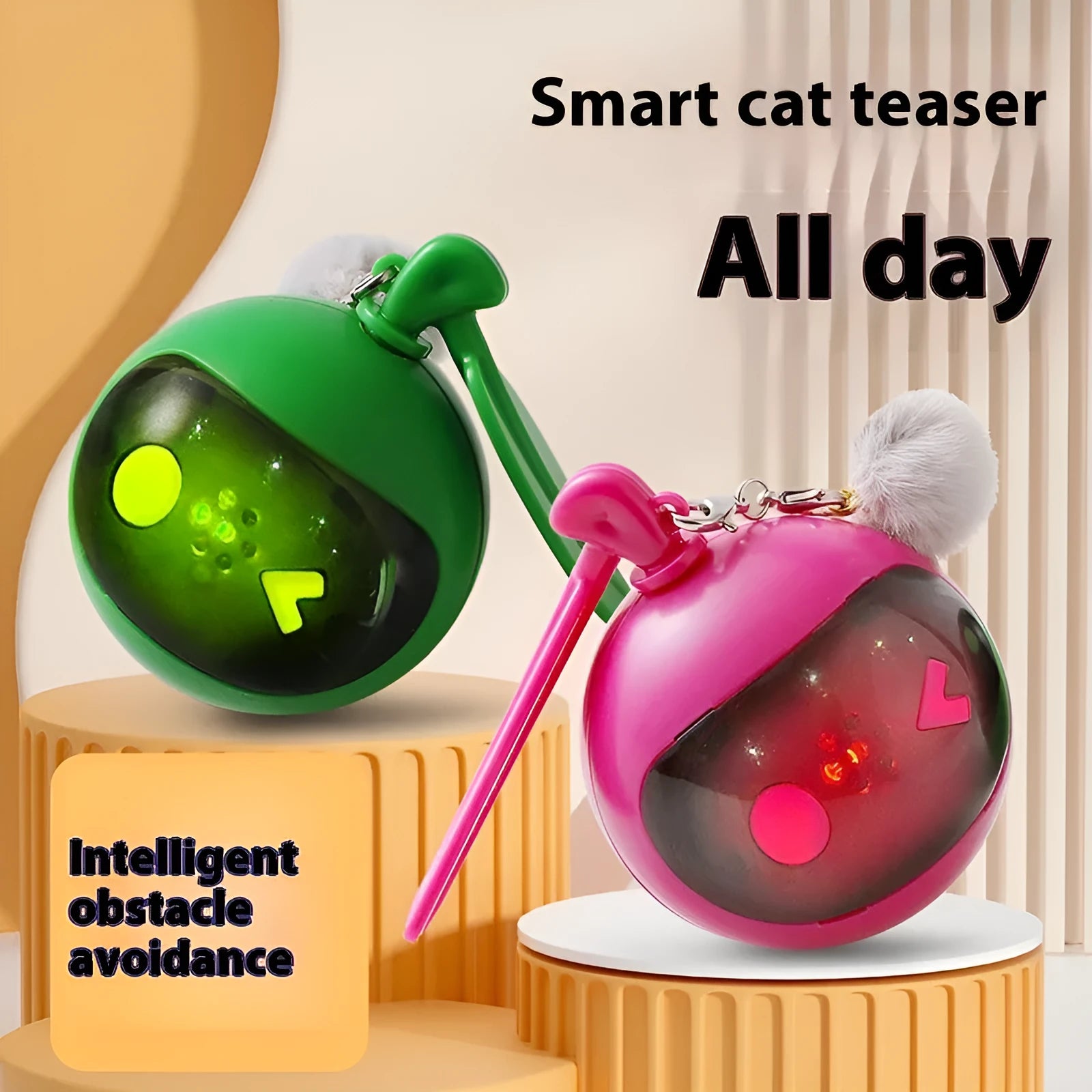 Cat toy pet elastic self-hi relief toy in green and rose red with plastic construction