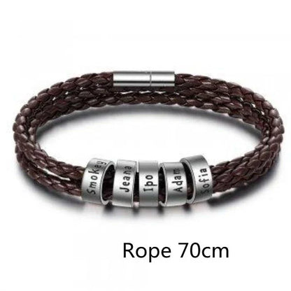 Personalized leather bracelet with engraved name charm for men, featuring a braided design and stainless steel beads