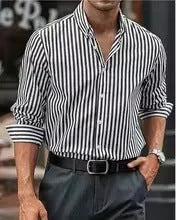 Man wearing a loose-fit striped button shirt in a casual cardigan style