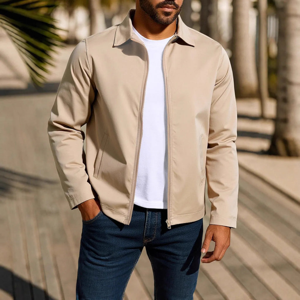 Men's zip-front cardigan jacket with raglan sleeves shown in emerald green, khaki, black, and navy blue colour options.