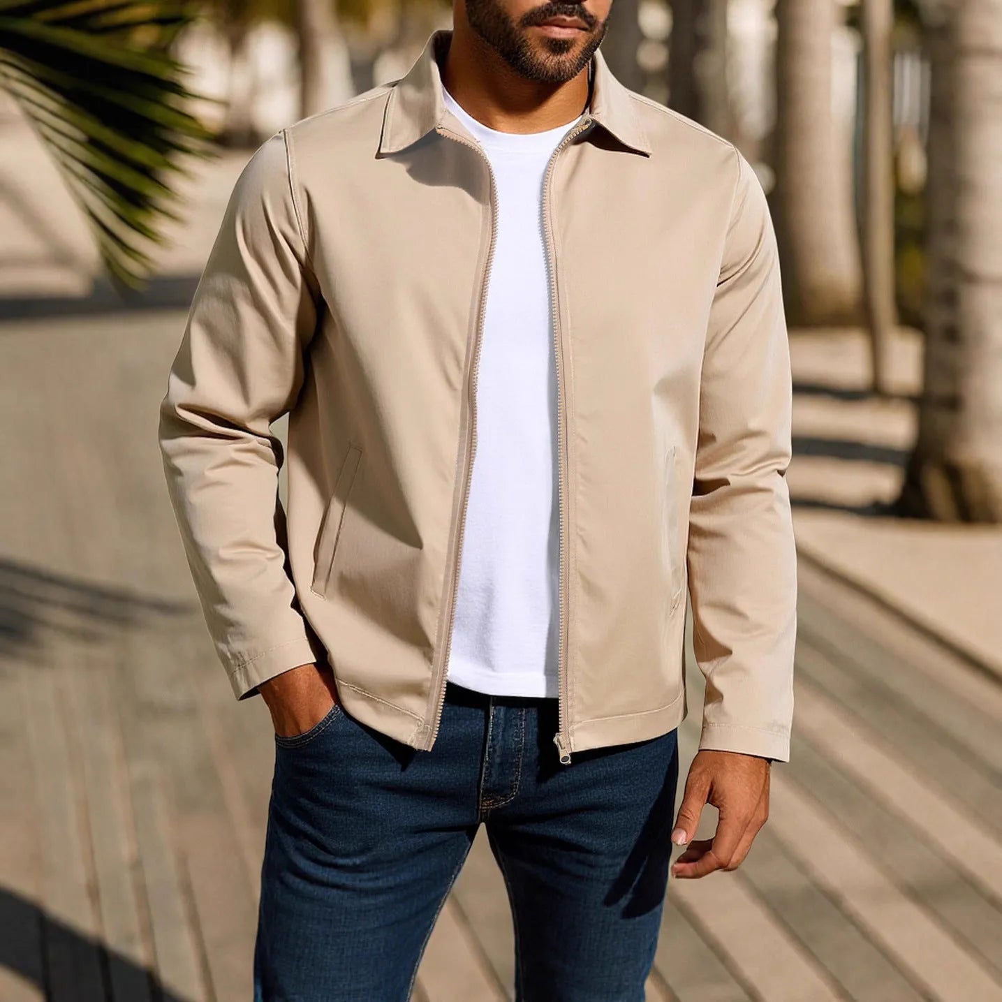 Men's zip-front cardigan jacket with raglan sleeves shown in emerald green, khaki, black, and navy blue colour options.