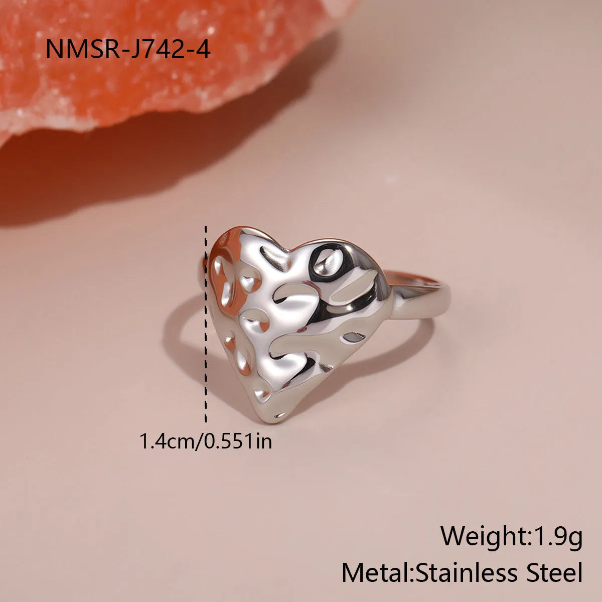 Heart-shaped stainless steel open ring for women with electroplated finish and geometric star design, average size.