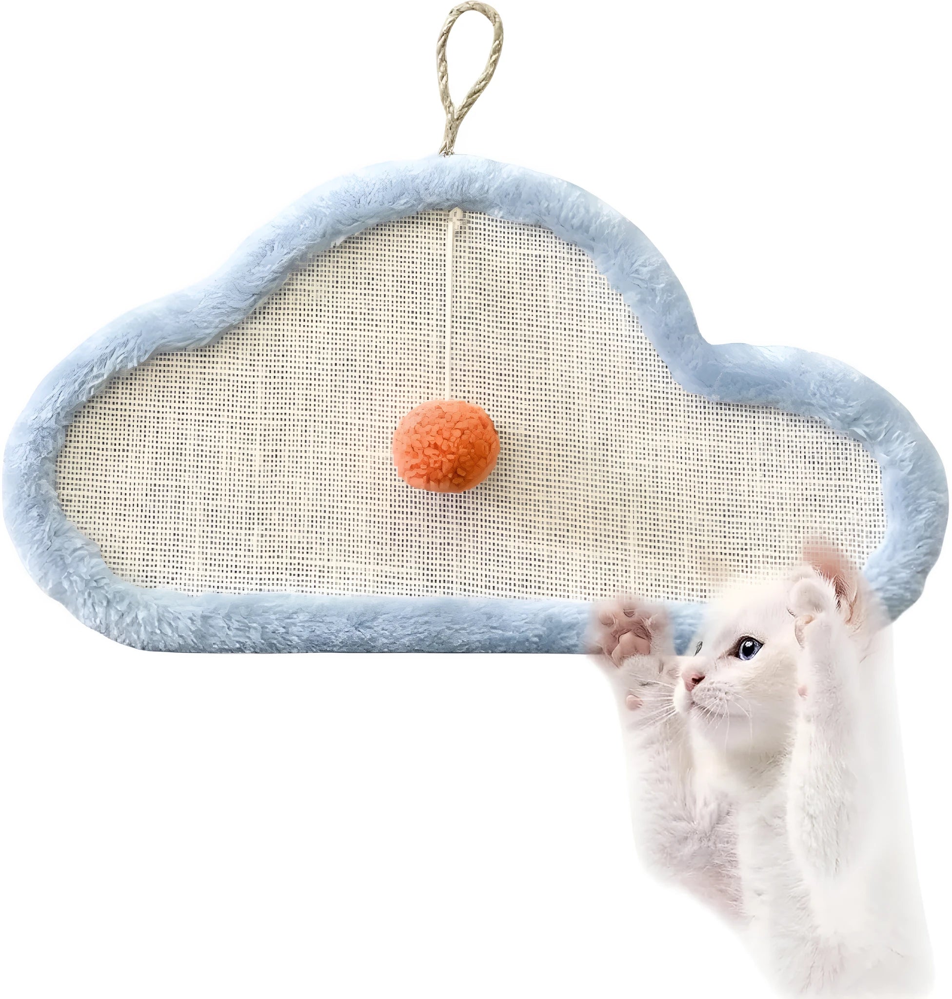 White wall-mounted cat scratching mat with sleeping cat cartoon design on natural sisal material
