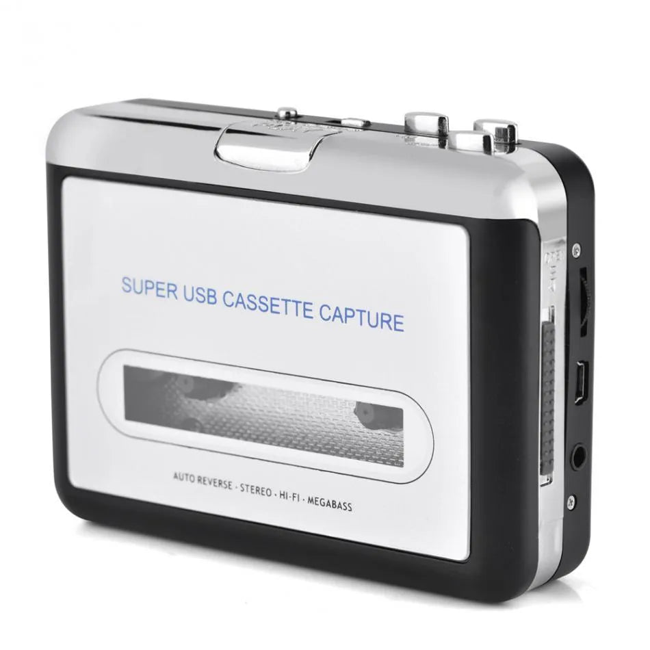 Silver USB cassette to MP3 converter unit with USB cable on a white background.