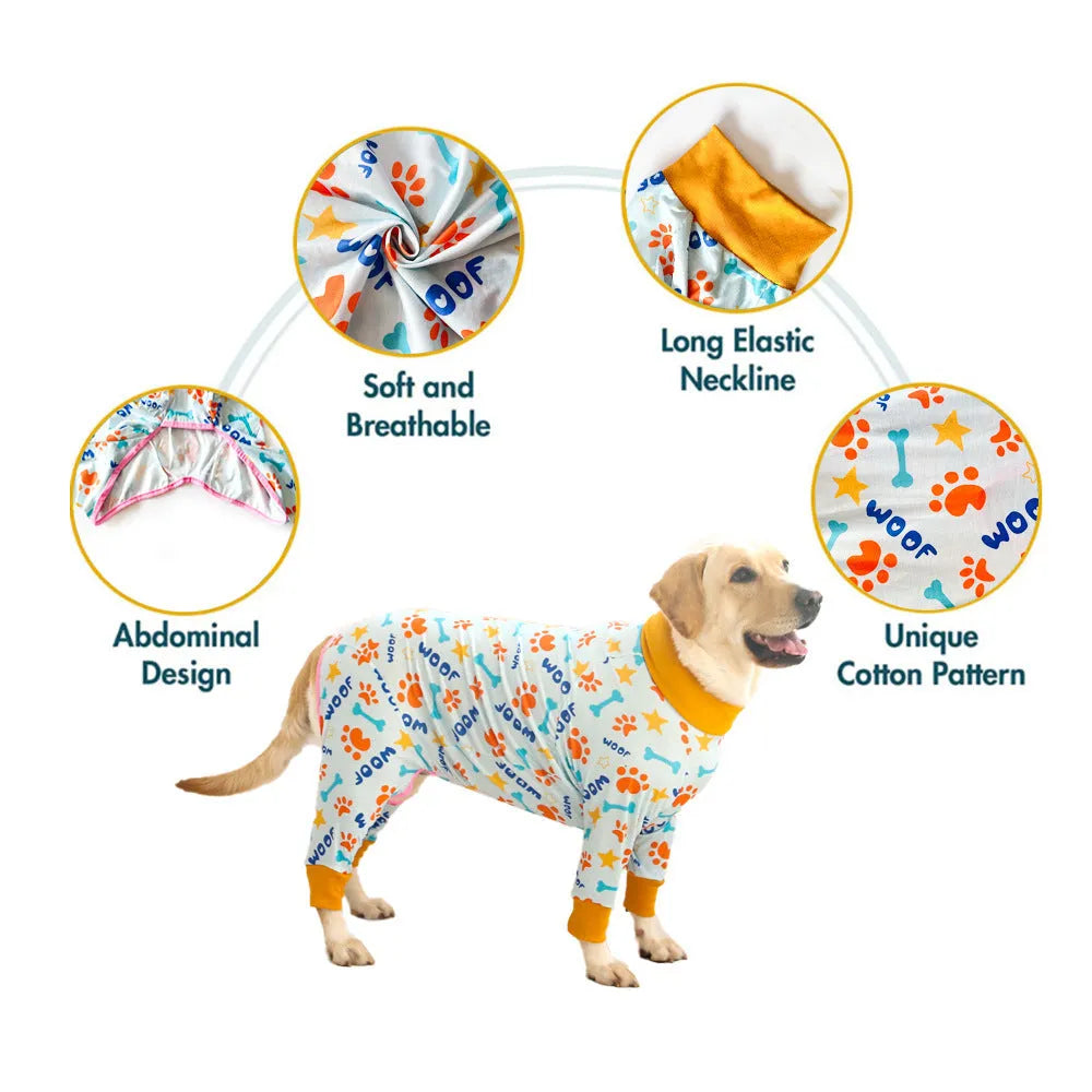 Cotton dog jumpsuit with cartoon print on small dog showing full-body coverage