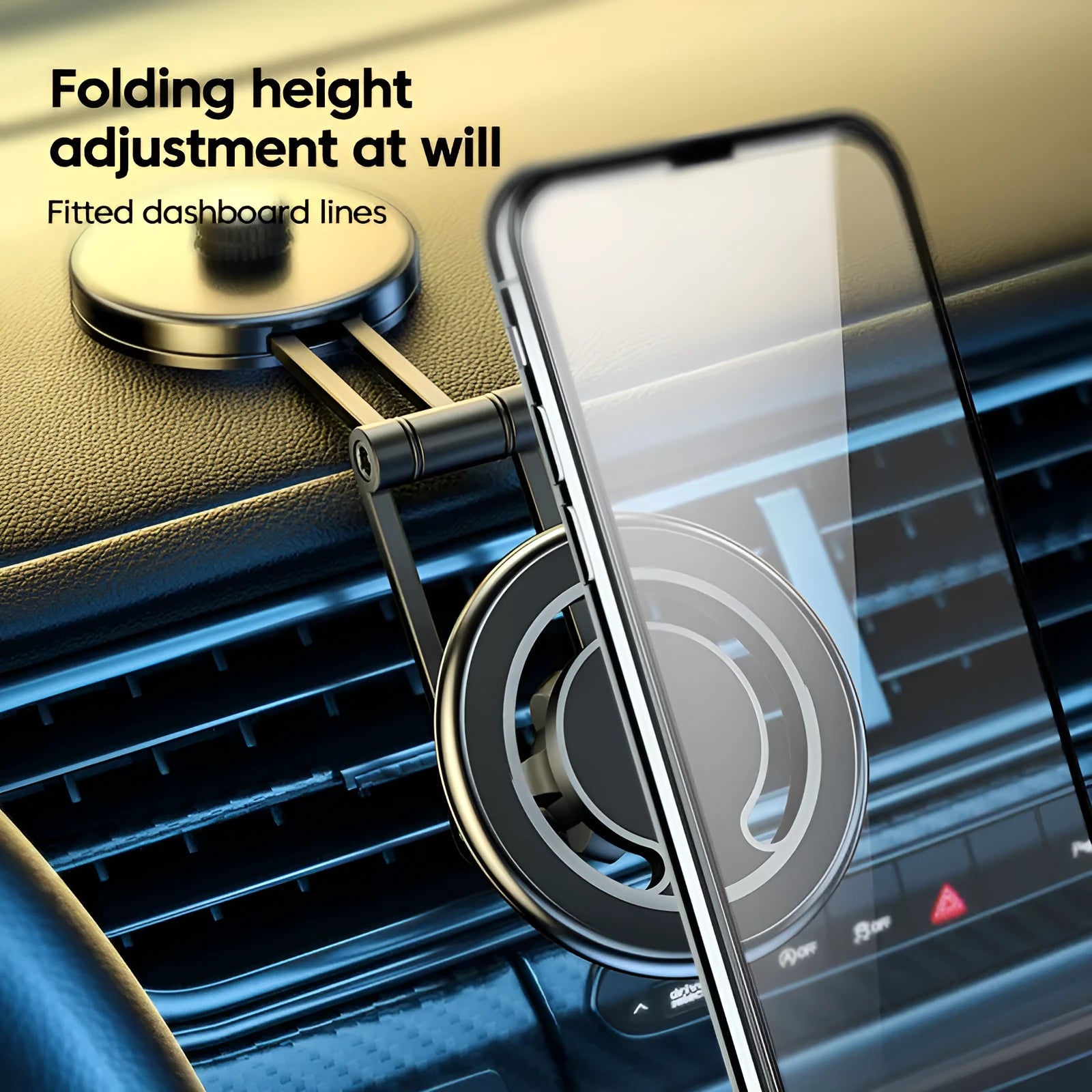 Telescopic folding magnetic car phone holder in black or silver mounted on a vehicle dashboard.