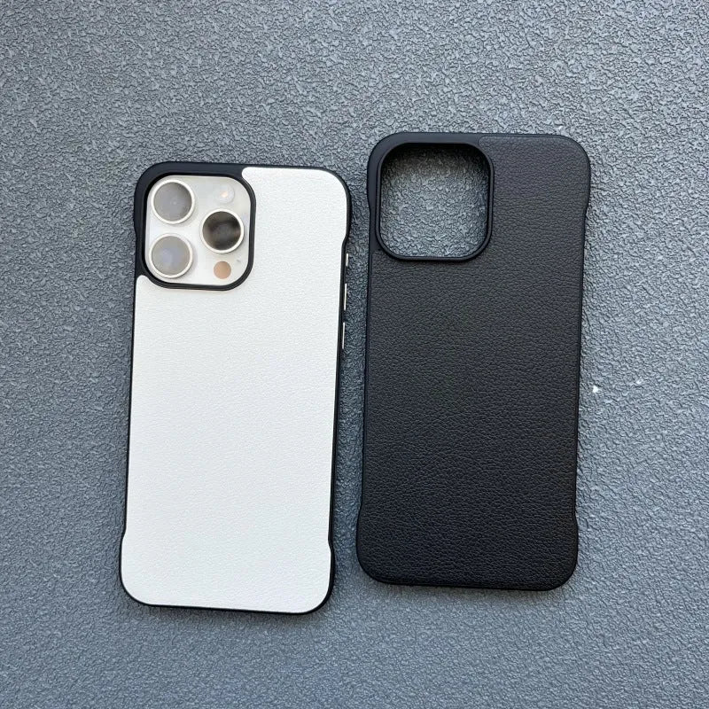 Frameless PU leather phone case in black with heat dissipation for iPhone 14 Pro Max back view