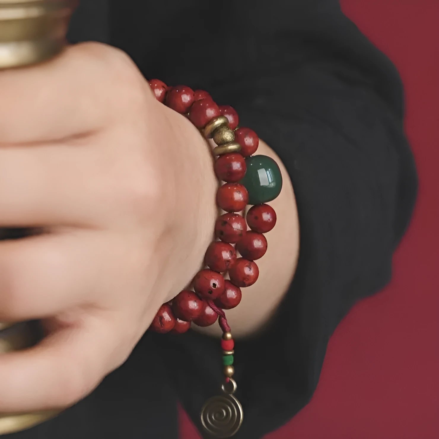 Handmade natural bodhi seed double circle bracelet showing textured seeds and layered design