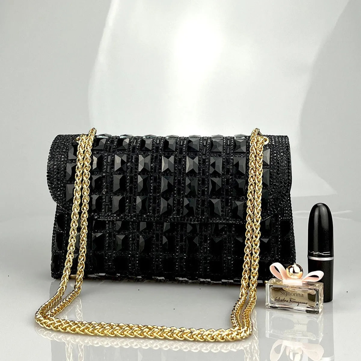 Shiny glass rhinestone chain clutch bag in horizontal square shape with internal phone pocket