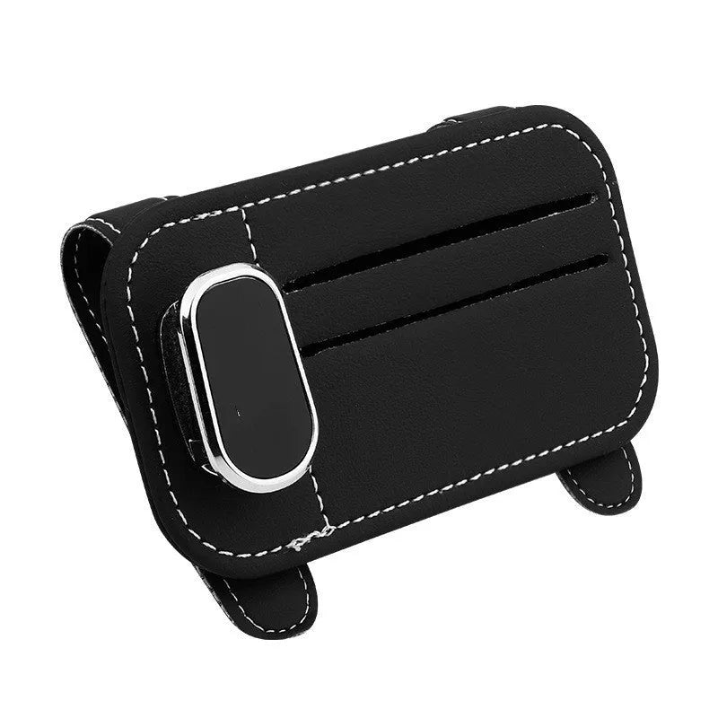 Cowhide leather car sun visor organiser with card slots and glasses clip in beige colour