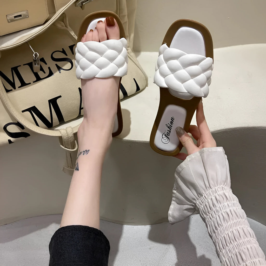 Women's plaid-patterned PVC beach sandals with a thick anti-skid sole, shown in white, green, orange, and black.