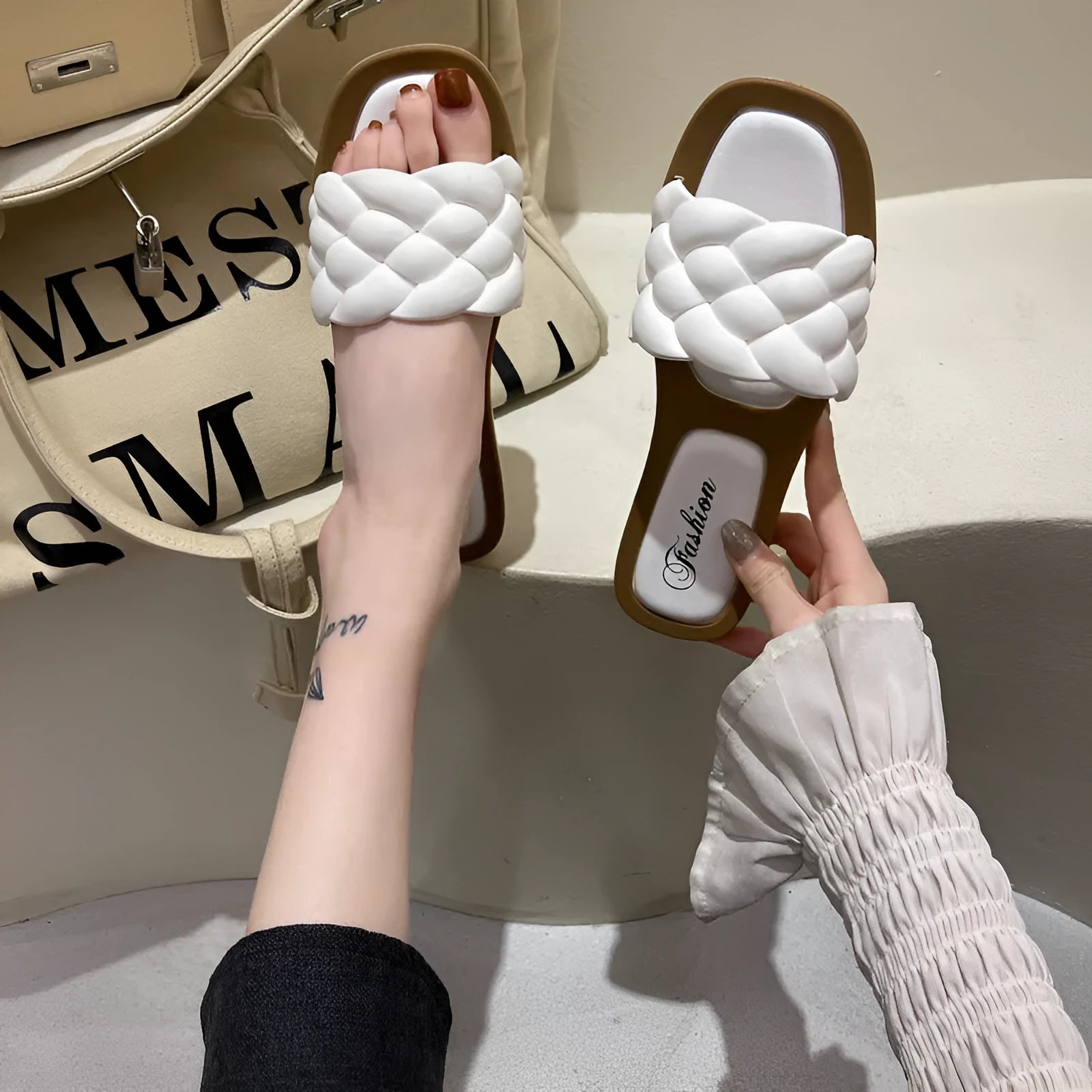 Women's plaid-patterned PVC beach sandals with a thick anti-skid sole, shown in white, green, orange, and black.