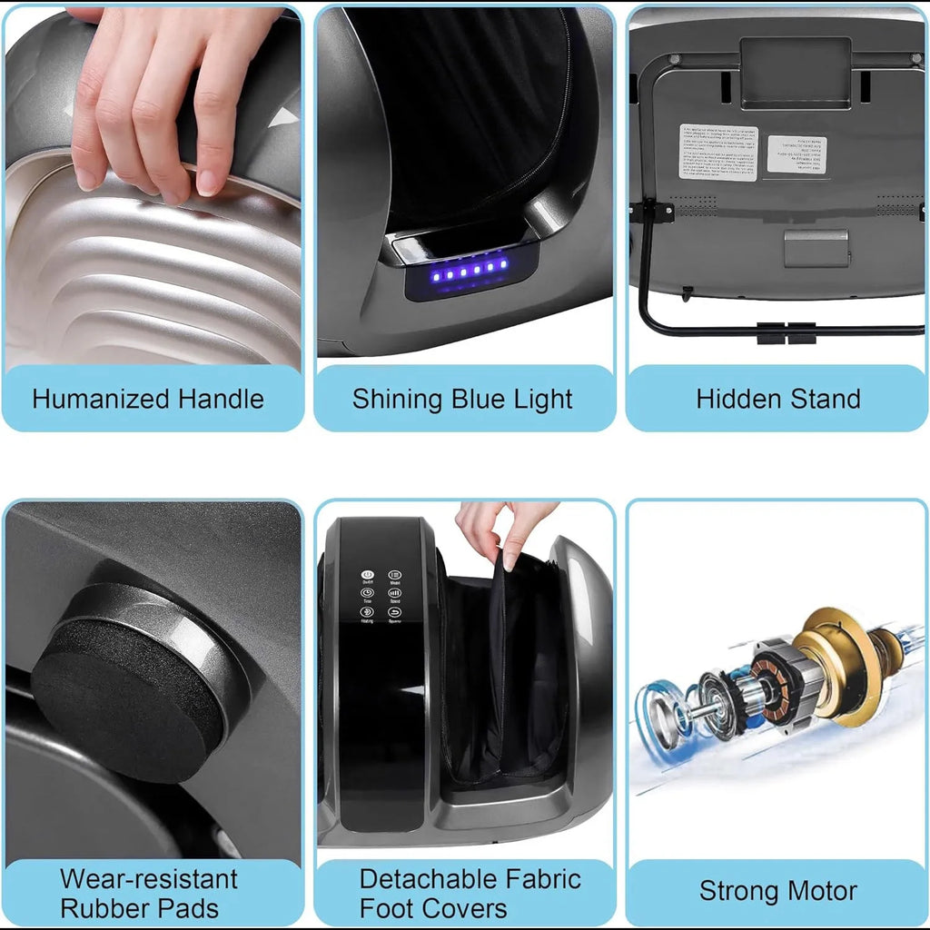 Black 3D foot and calf massager with heat, remote control, and removable washable cloth cover