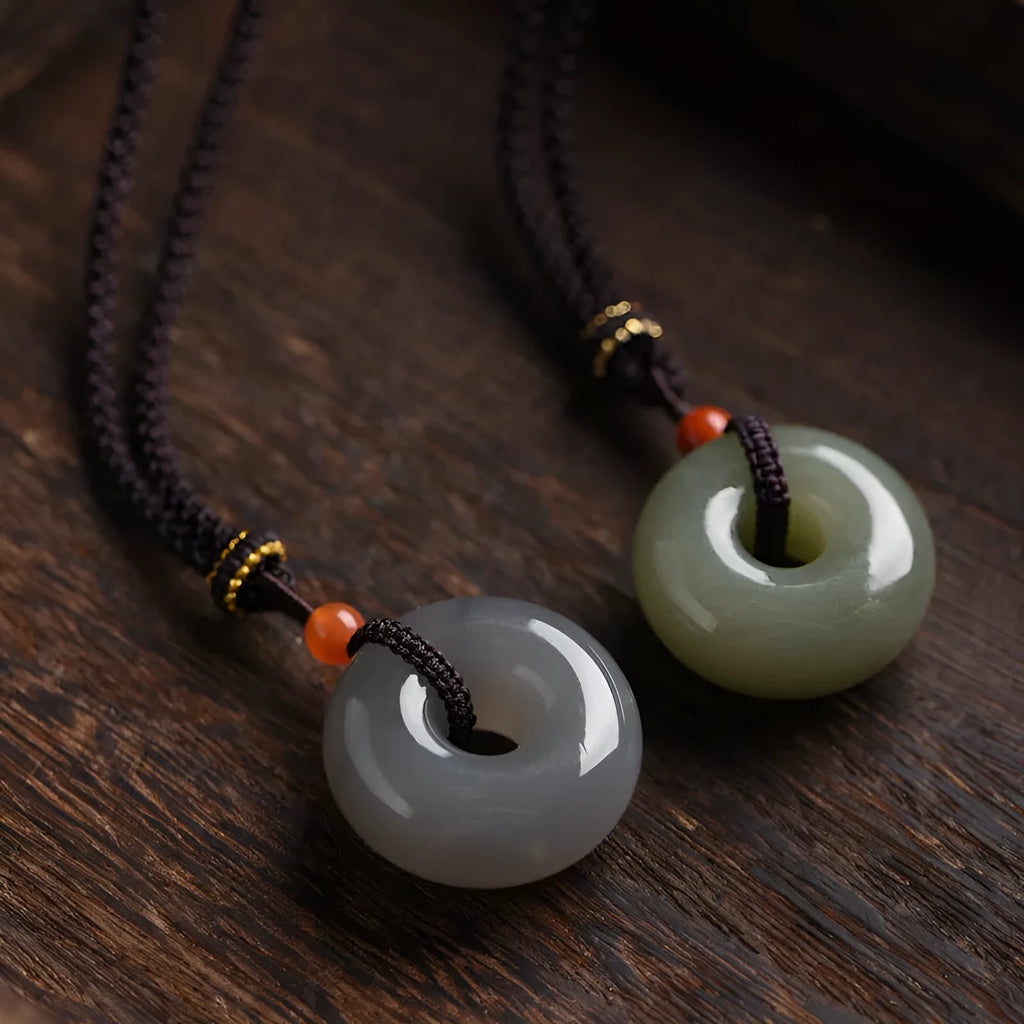 Hetian jade safety buckle pendant necklace, 24mm unisex design in gray jade or smoky violet