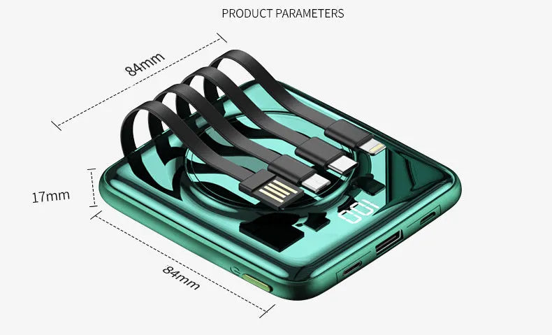 20000mAh PD fast charge power bank in black, green, or red with LCD display, compact 84mm design