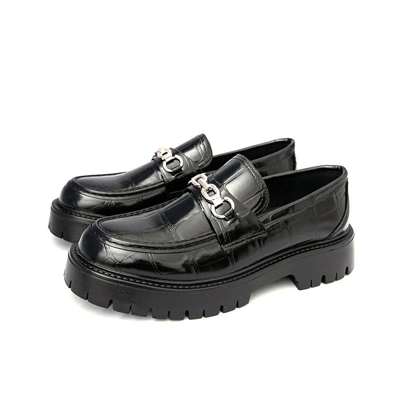 Men's crocodile-pattern leather loafers in British style with flat heel platform