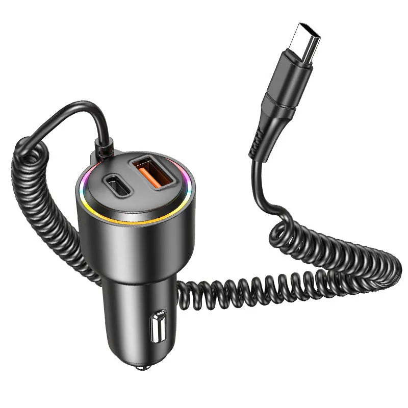 Black T26 75W USB-C car charger with spring wire, 5A Type-C fast charging adapter for vehicle socket