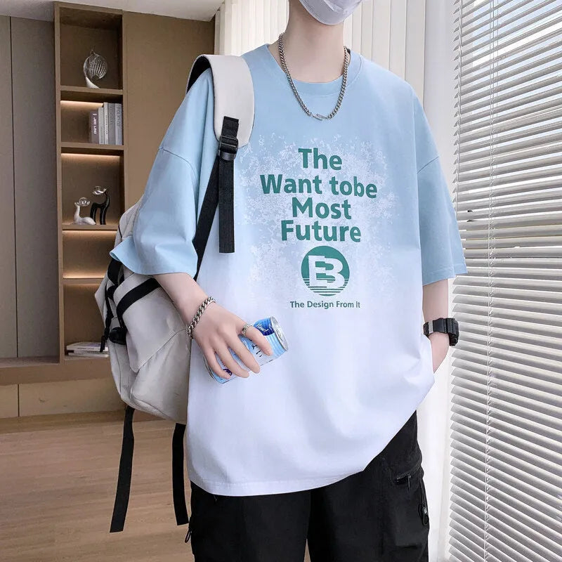 Boys youth printed t-shirt with text design in dark blue, cotton-polyester fabric, drop-shoulder sleeves