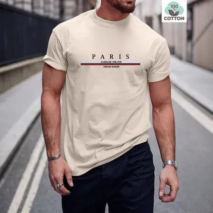 A loose-fit men's short-sleeve T-shirt with a printed letter design, shown in apricot colour.
