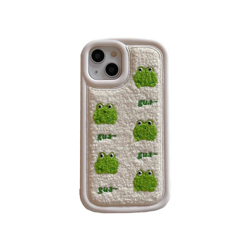 Anti-fall flannel phone case with towel embroidery five little frogs design for iPhone, front view