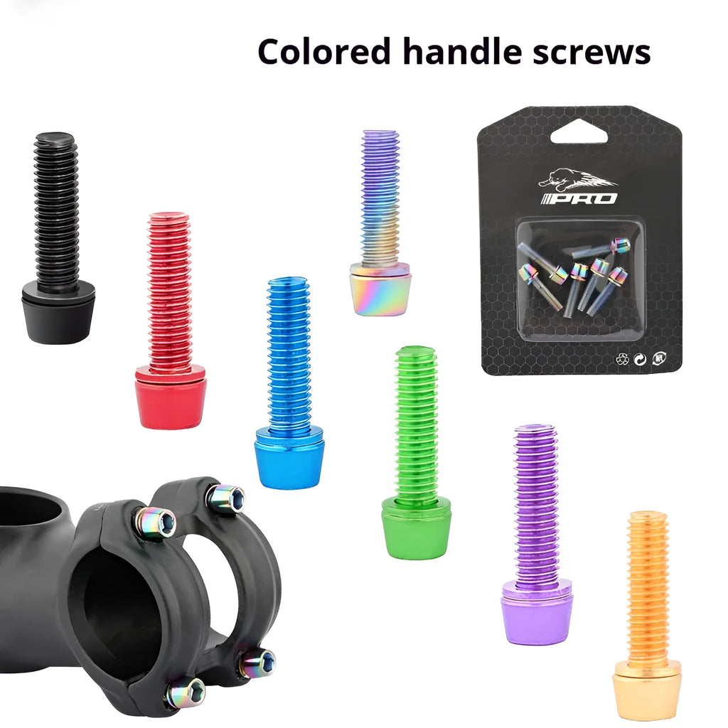 Set of six coloured stainless steel screws for mountain bike handlebar riser clamps on a card.