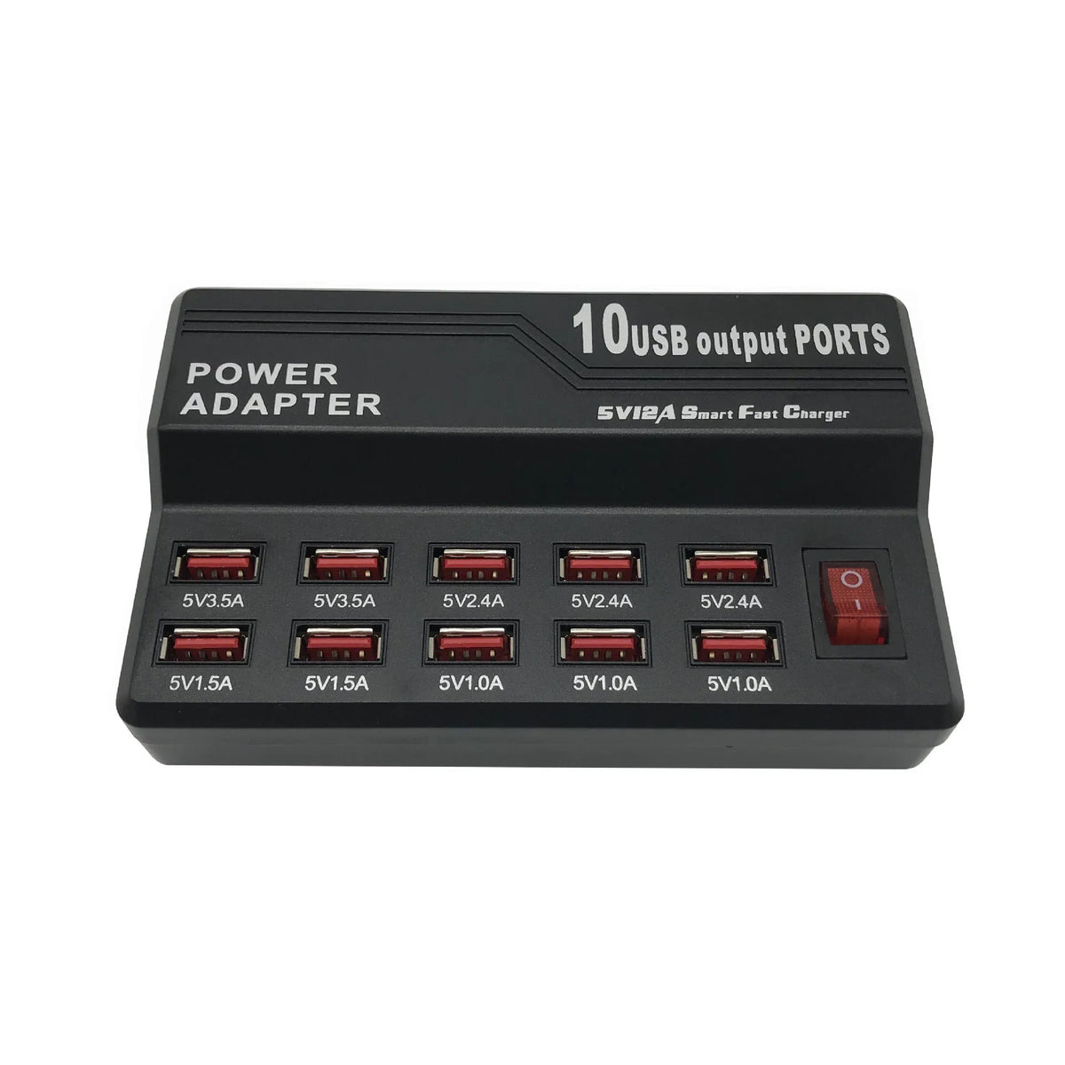 10 Port USB charger power strip in 838 black with multiple cables connected