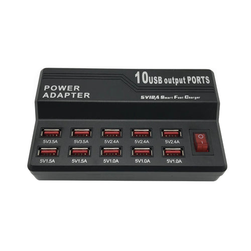 10 Port USB charger power strip in 838 black with multiple cables connected
