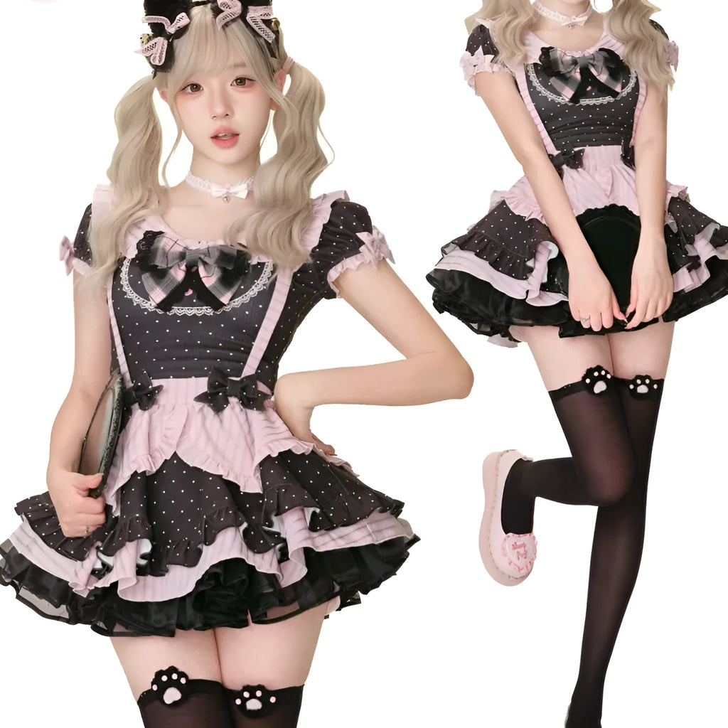 Black polka dot women's summer top, suspender skirt, and crinoline set in girly style