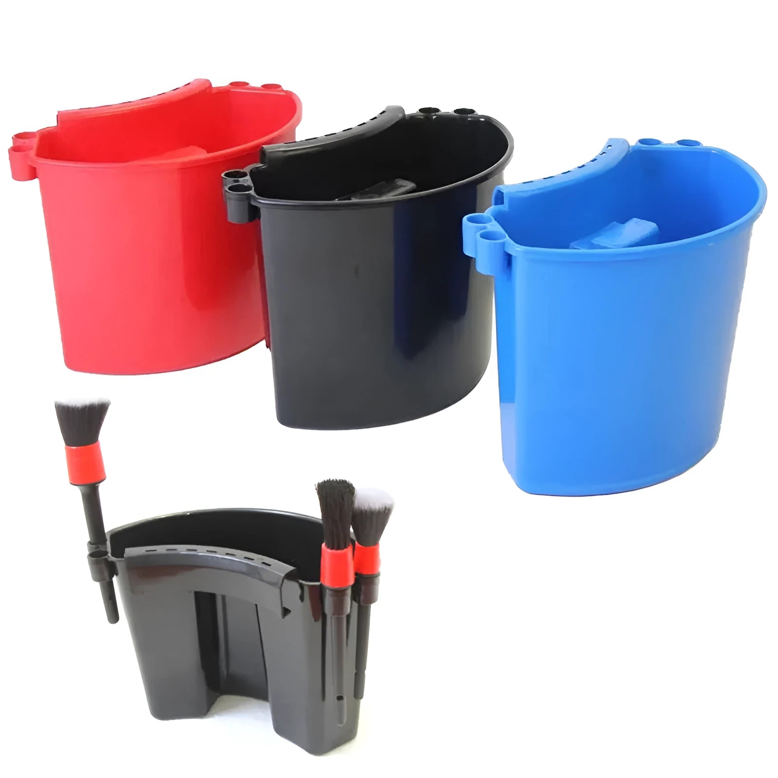 PP plastic car wash bucket with detachable handle in black, red, blue, and pink colour options