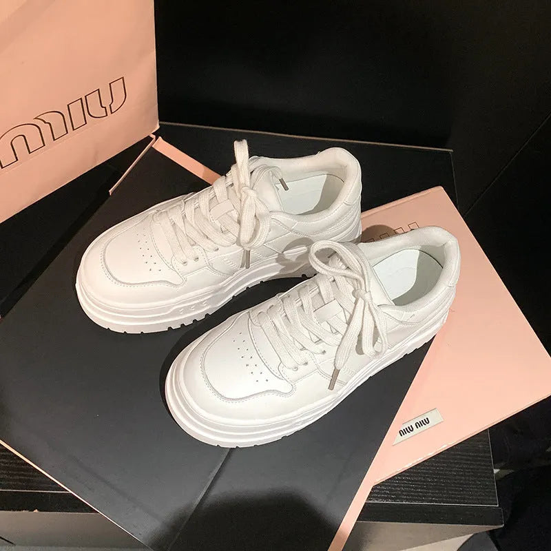 White platform height increasing lace up sports board shoes for women, low top cowhide, 6-8cm heel