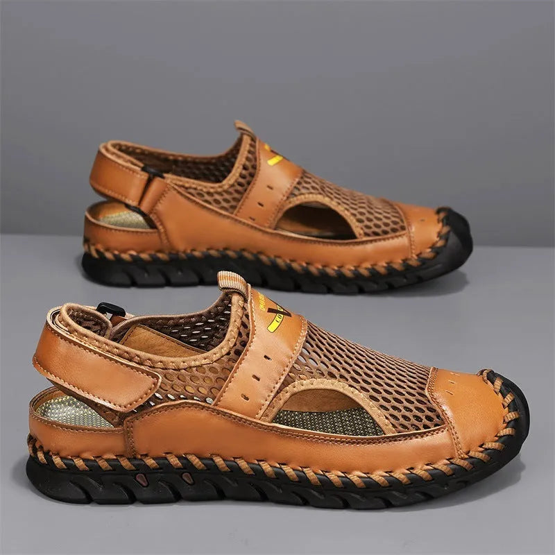Men's brown leather casual sneakers with mesh panels and an elastic band across the instep.