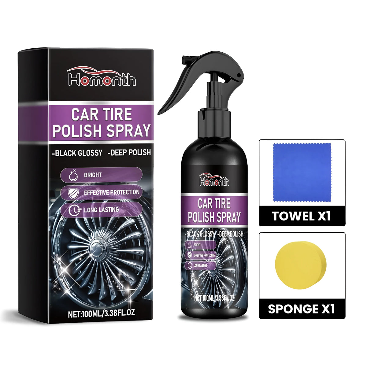 Car tyre polishing agent 100ml PET bottle with sponge and cloth, bottle 3.9 x 18.3cm, sponge 6.5 x 2cm, cloth 20 x 20cm