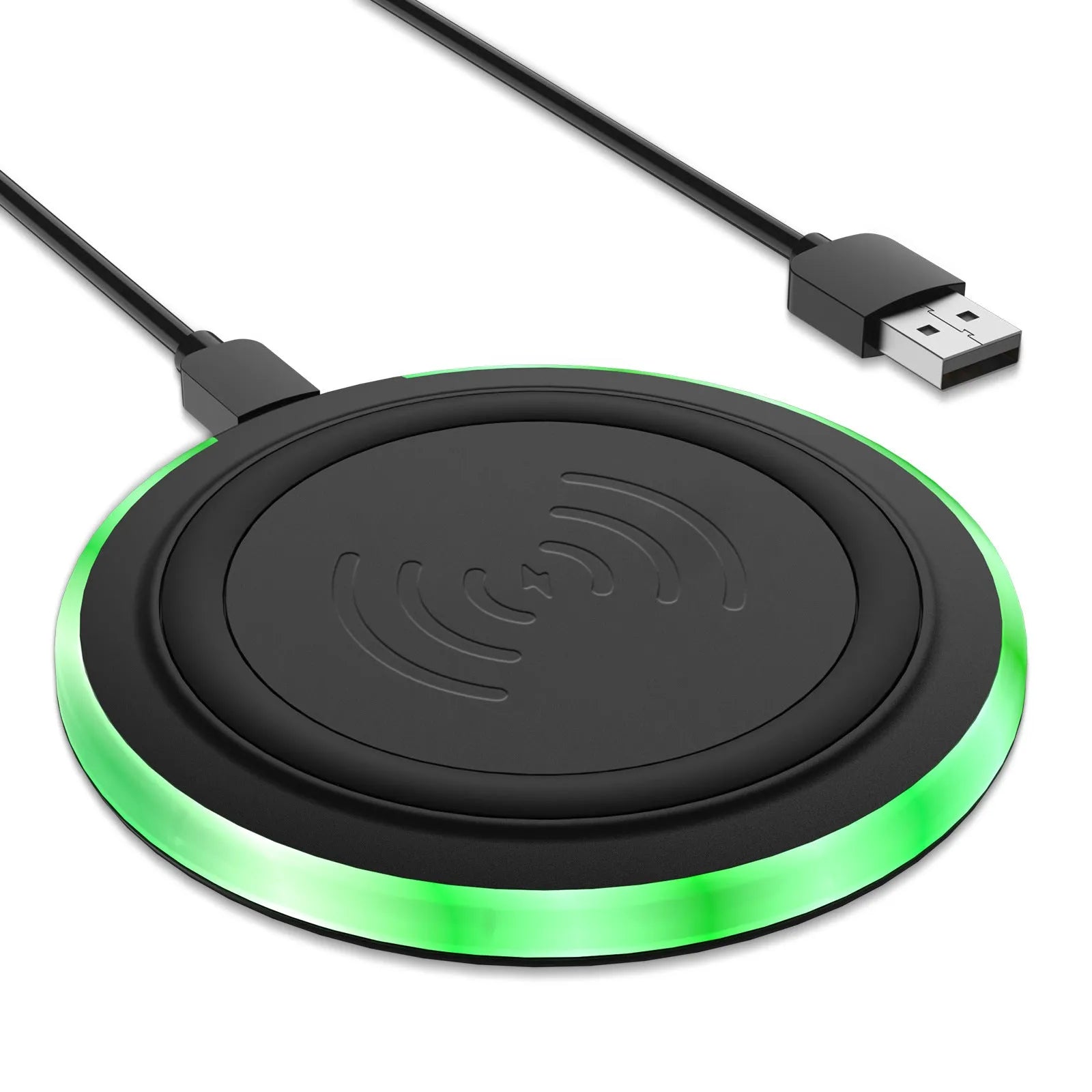 Ultra-thin round 10W wireless phone charger with Type-C input on a desk
