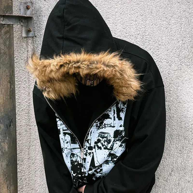 Men's printed long fur collar hood zipper cardigan sweater coat in black, white and grey, slim fit, sizes S to XXXL