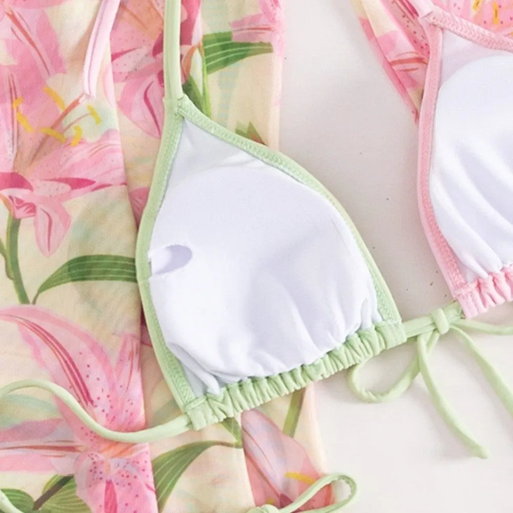 Women's printed bikini swimsuit on a hanger showing front design.