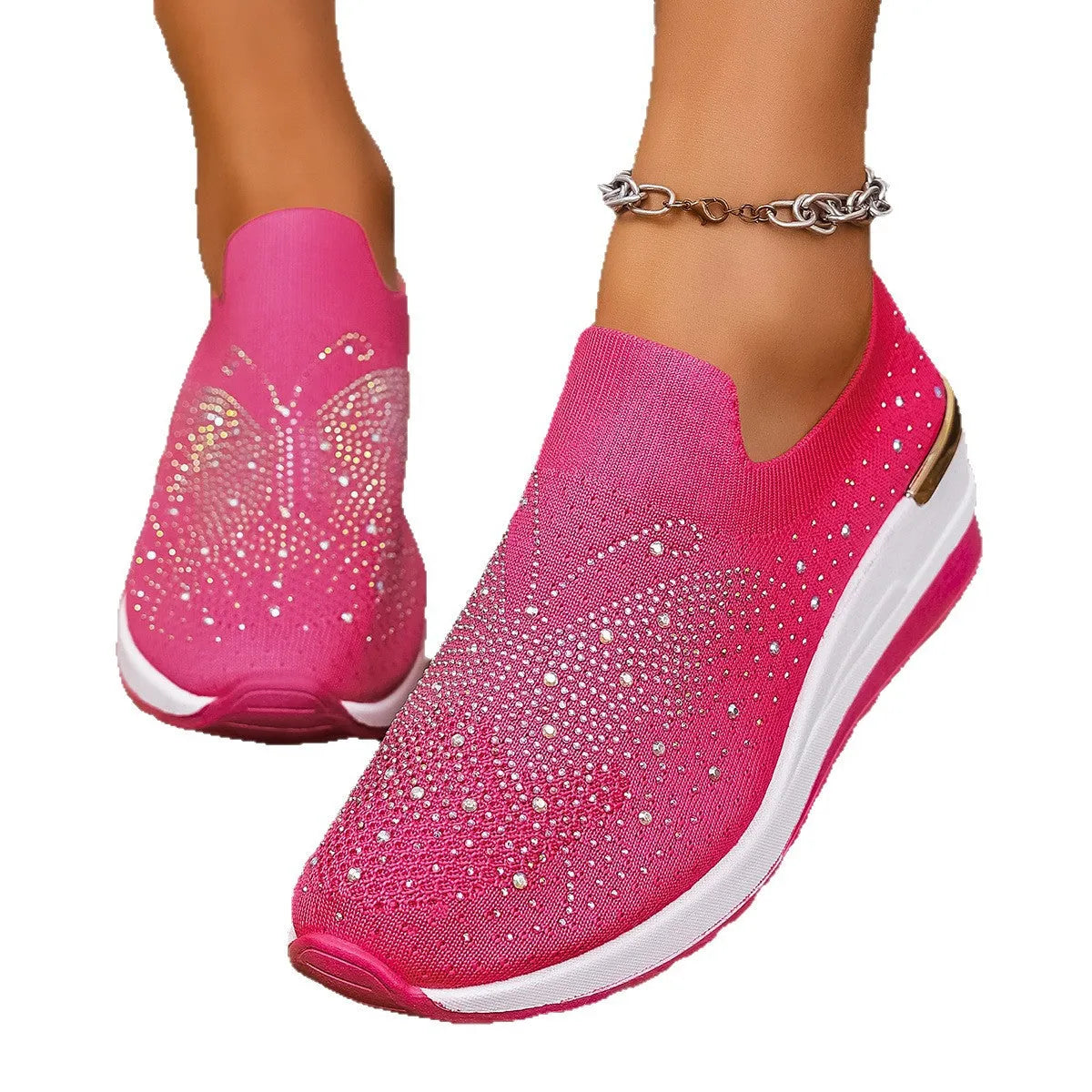 Women's wedge heel pumps with rhinestone detailing, round toe, slip-on design, breathable mesh upper, available in multiple colours and sizes 36-43