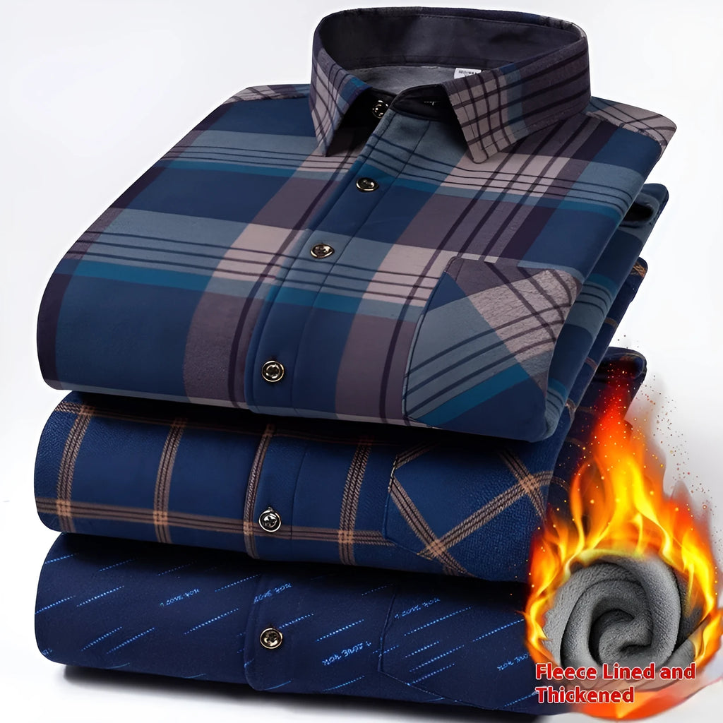 Men's long sleeve fleece-lined thick casual shirt with plaid pattern in cardigan style