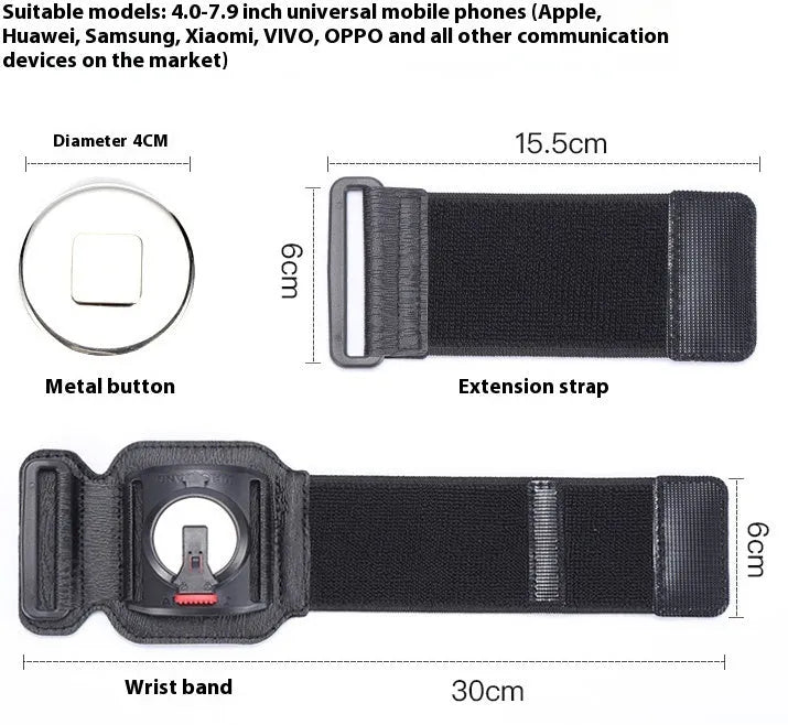 Black mobile phone arm bag with adjustable wrist strap holding smartphone for delivery riding or running
