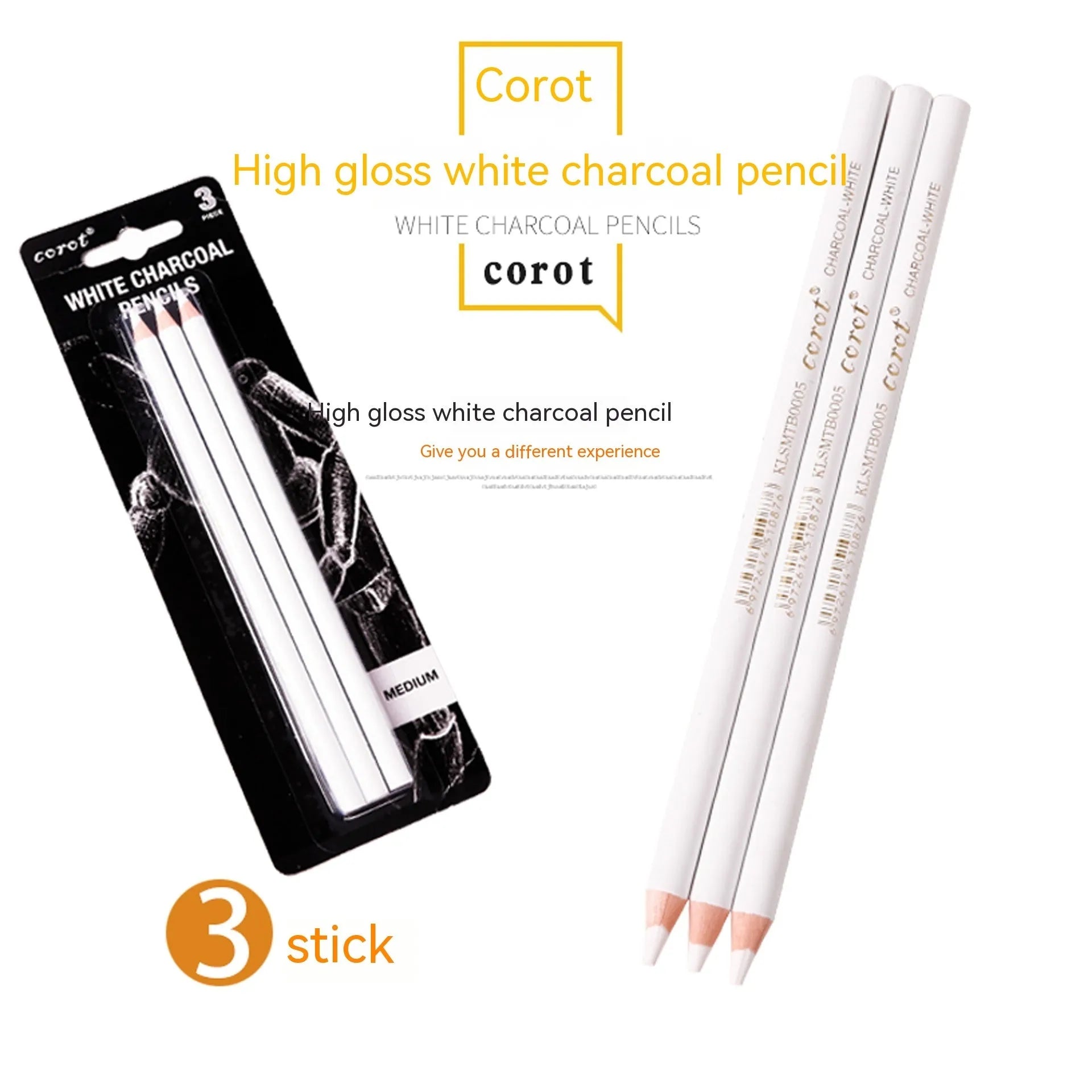 Set of three white powder lead sketching pencils with wooden barrels for dark paper drawing.
