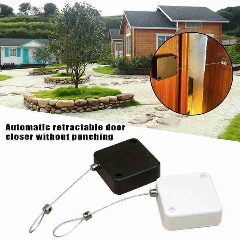 Automatic door closer with adhesive mounting for sliding and glass doors showing compact ABS housing