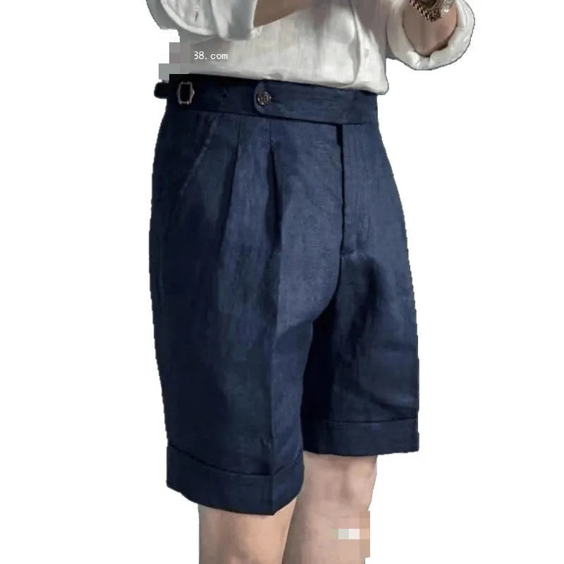 Men's linen five-point shorts in white or navy blue, cotton-linen blend, double waist, cuffed hem, sizes S to 4XL.