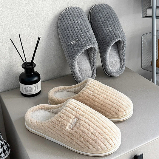 Cozy cotton slippers with plush upper, non-slip sole, and warm insole for comfortable indoor wear