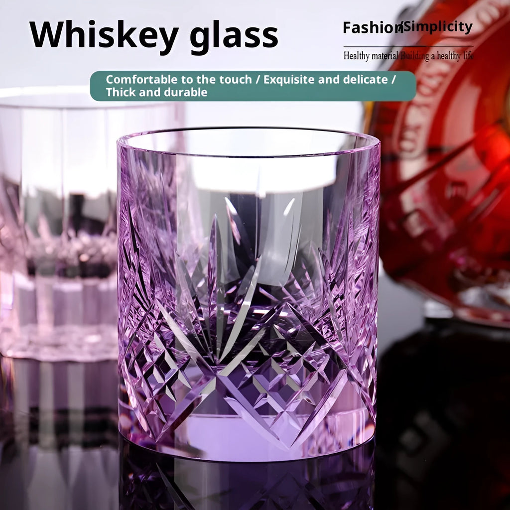 European-style whiskey shot glass in transparent K9 crystal, 701-800ml capacity, flowering design, single cup.