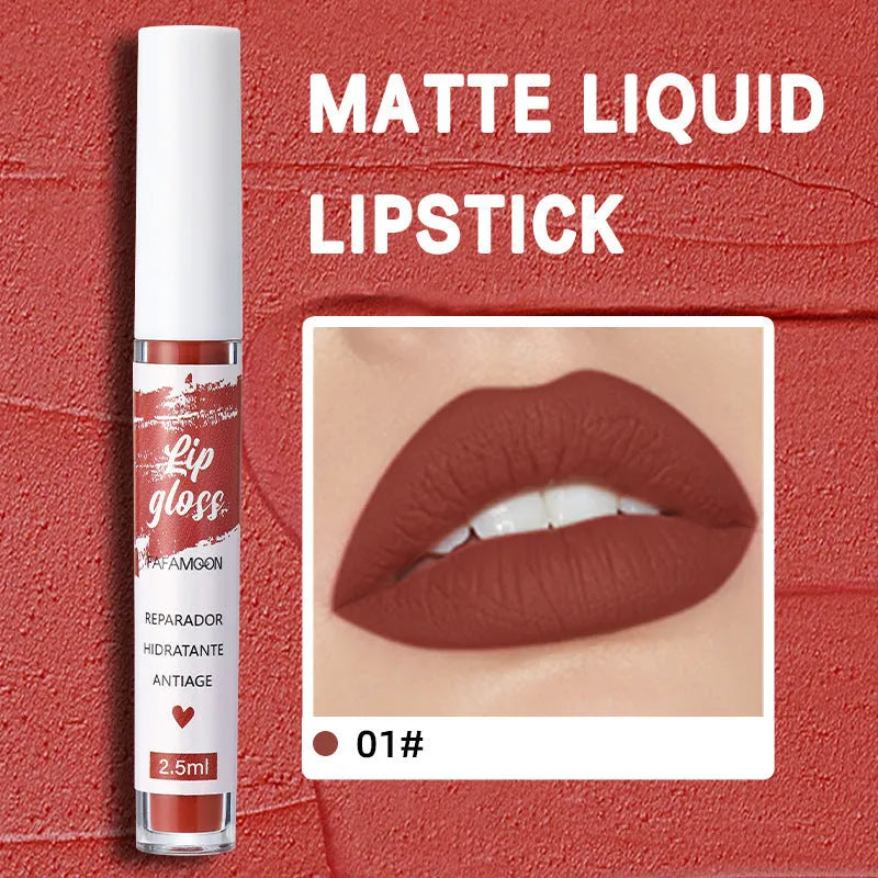 Matte velvet lip gloss tube in 2.5ml with long-lasting non-fading waterproof formula, available in 12 colours