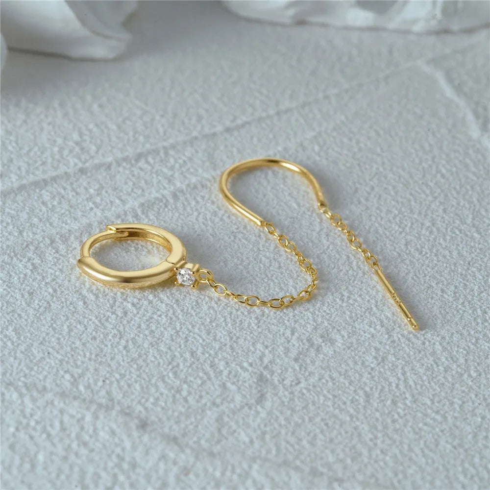 S925 sterling silver ear clip stud earrings with flower, tassel, and chain design in golden colour