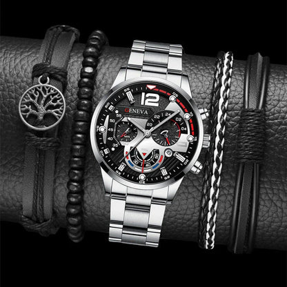 Stylish men's fashion watch and bracelet set with stainless steel case and leather strap, perfect for Valentine's Day gift