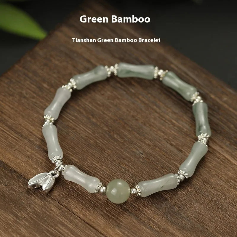 Handcrafted antique style sterling silver bracelet with Tianshan green bamboo centrepiece for women.