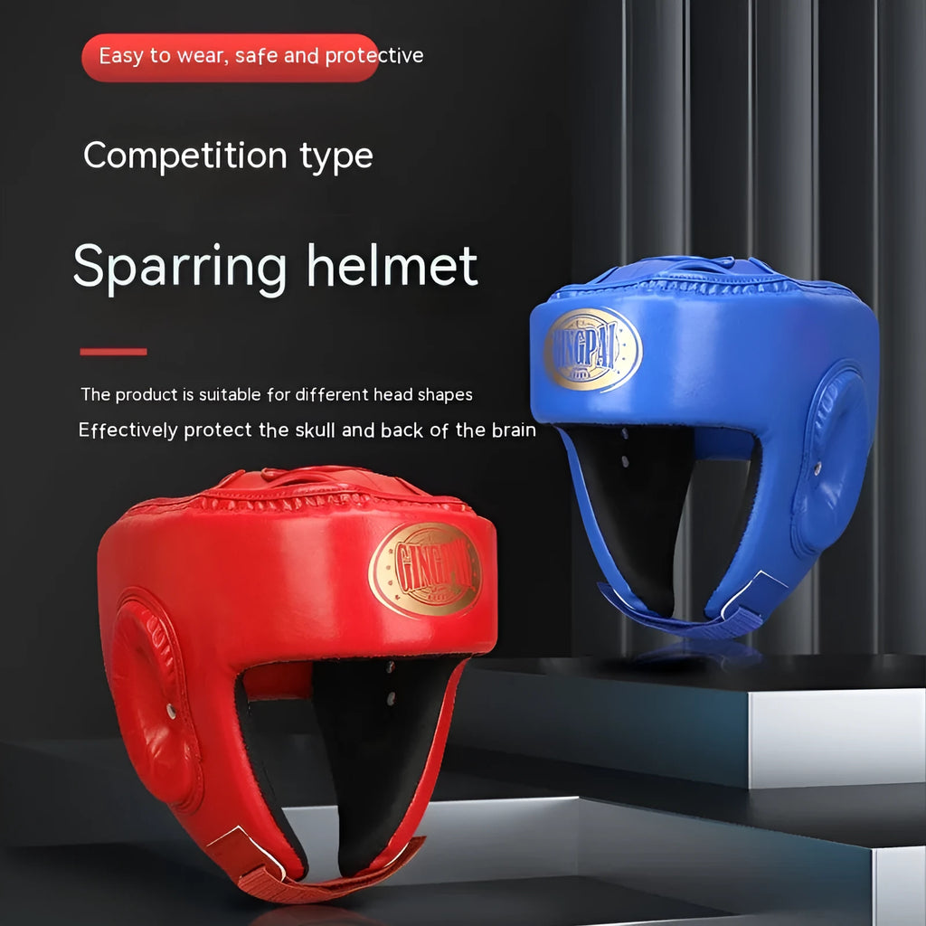 Red fully enclosed boxing helmet with integrated jaw protector for combat sports training