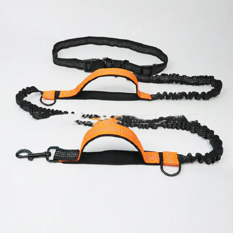 Blue retractable dog running belt with adjustable waist strap for hands-free control