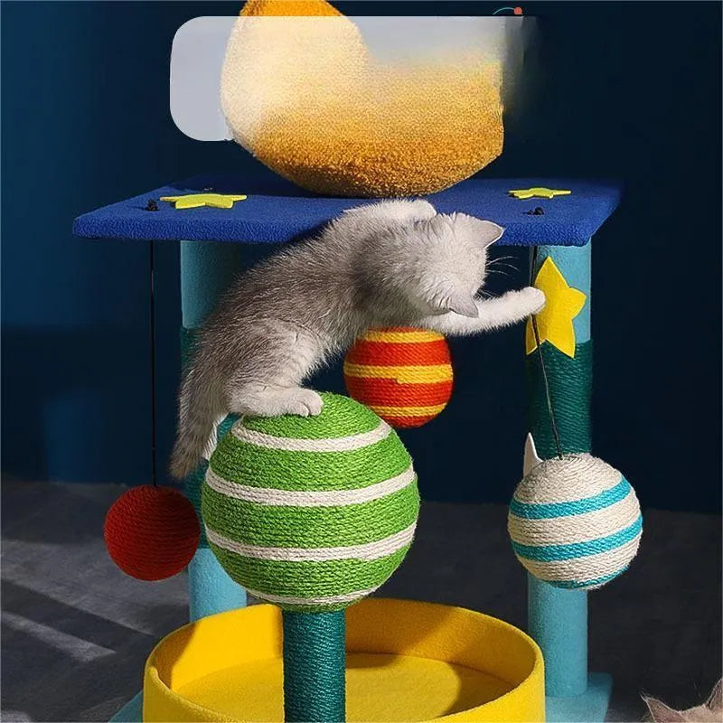 Star cat climbing frame with shelf, cat nest, and small tree in teddy velvet and sisal, cartoon style.